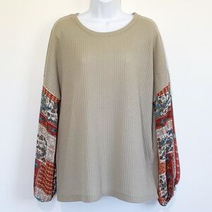 Grace + Emma Bohemian Long Sleeve Blouse Patchwork Sleeves Tan Size Large